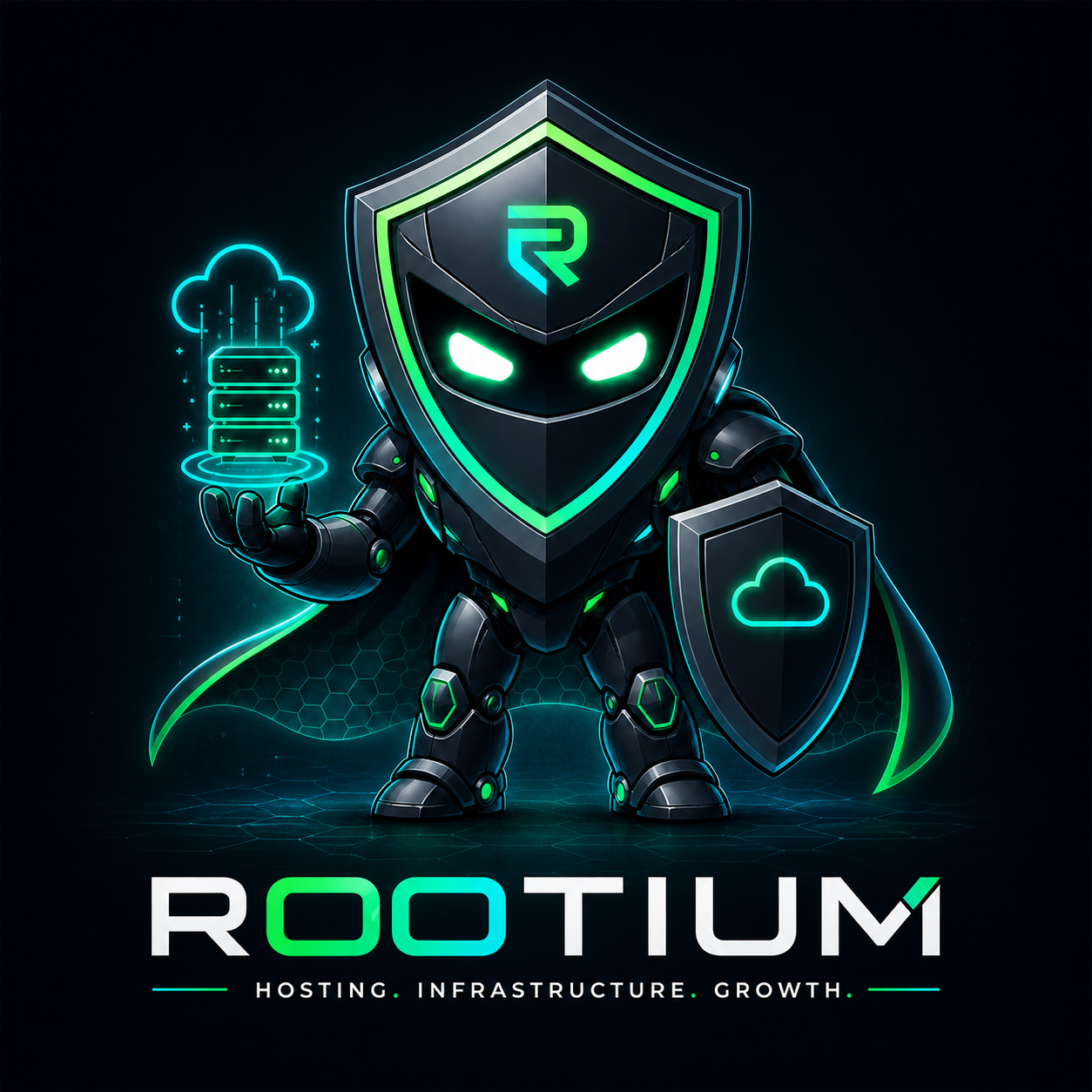 Rootium Guardian mascot protecting hosting infrastructure